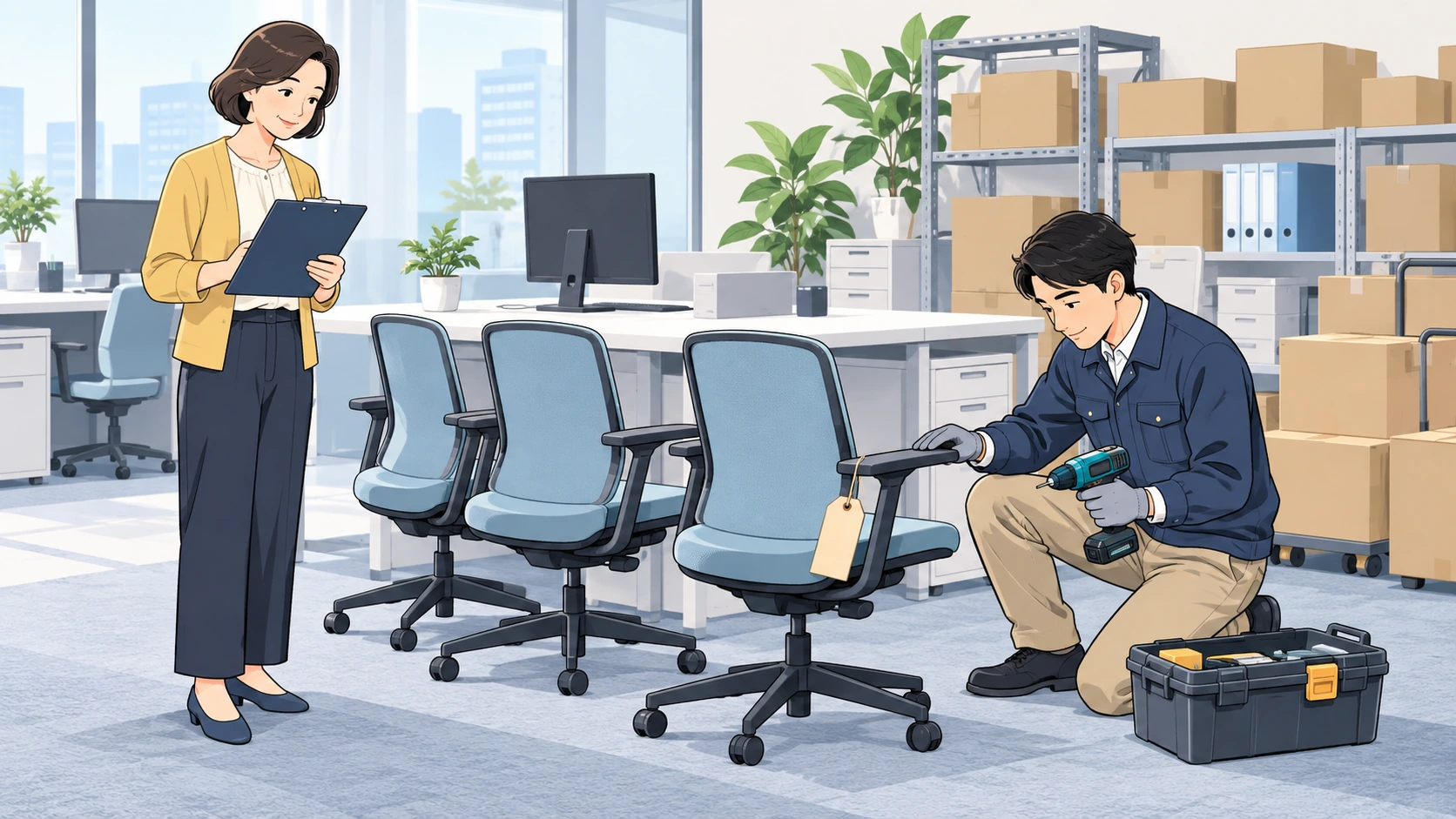 複合機の契約書と管理札を確認し、リース品の所有者を確かめるイラスト