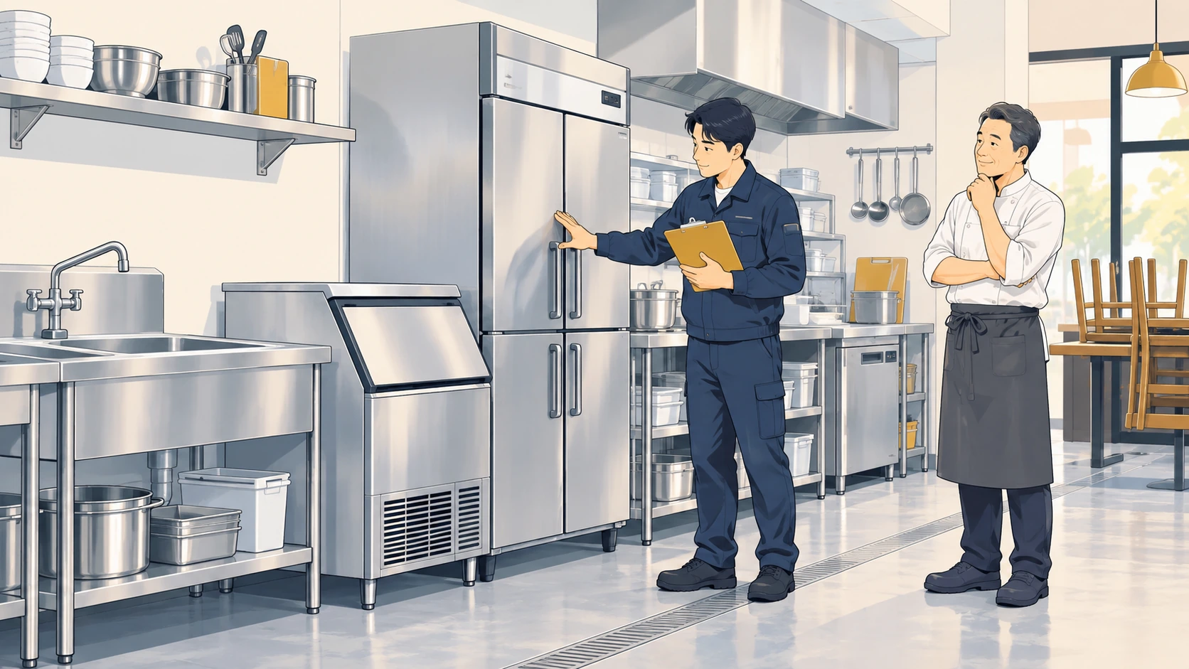 飲食店の業務用冷蔵庫や製氷機、ステンレス作業台を査定するイラスト