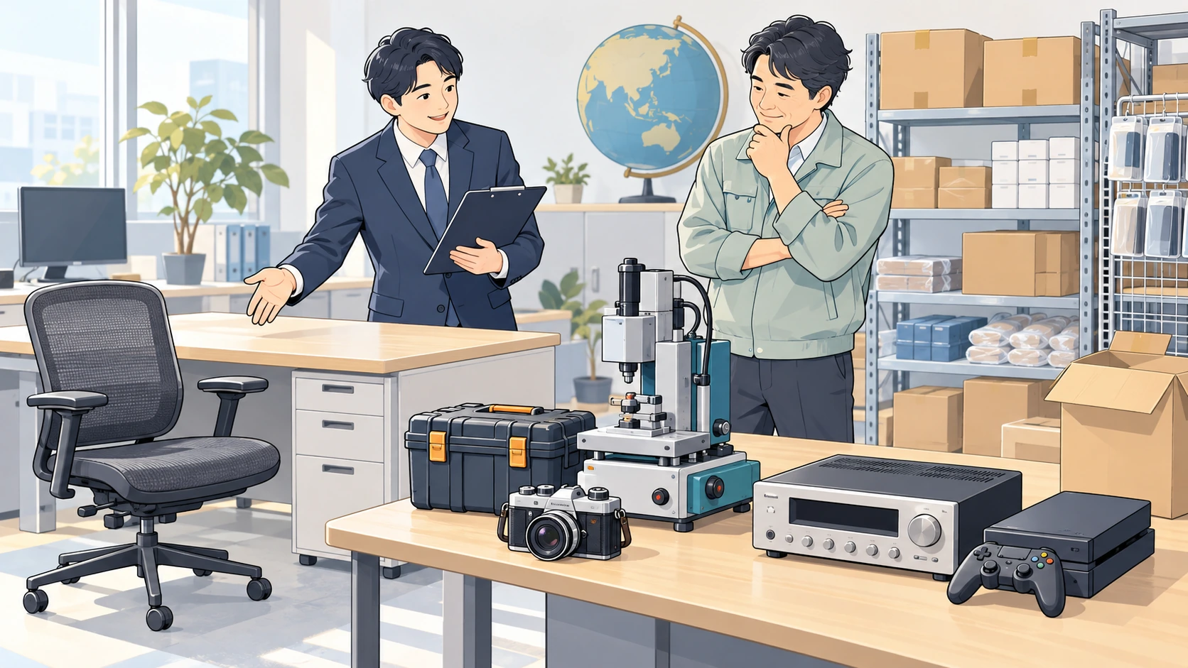 退去期限をカレンダーで確認し、オフィス家具を計画的に搬出するイラスト